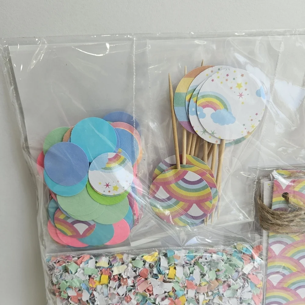 Vibrant Rainbow Party Decorations: Banner, Confetti, Cupcake Toppers